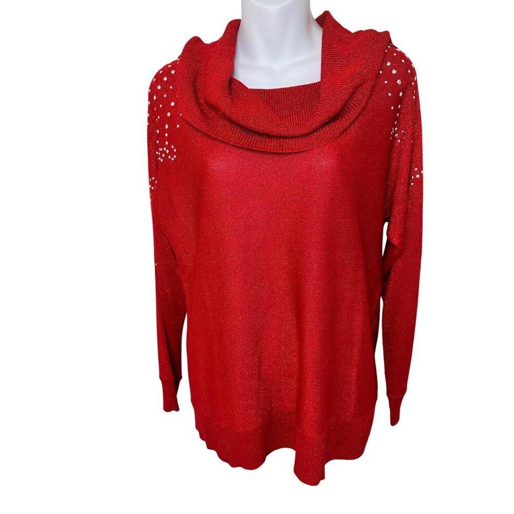 Ruby Rd. Small Womens Red Cowl Neck Sweater With Rhinestone Accents Long Sleeve